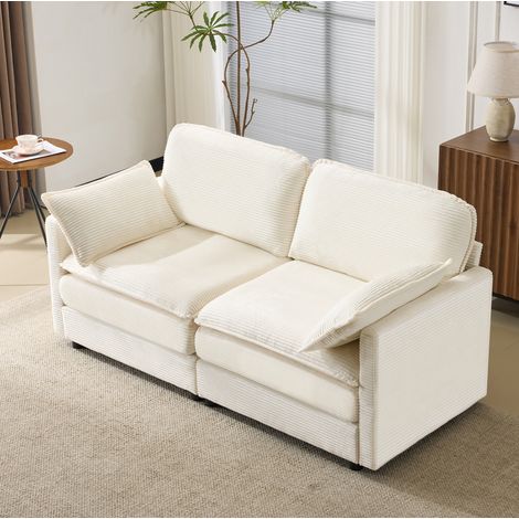 Erwachsenensofa 2-Sitzer in weißem Rippstoff, Holzgestell und -füße, modernes und schlichtes Design (1/5)