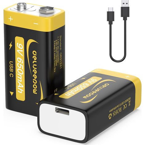 Piles 9v Rechargeable Lithium 650mAh,Pile 9V Lithium Rechargeable USB C 2 PCS avec Câble (1/5)