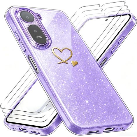 Coque Compatible avec Xiaomi Redmi A7 Pro 4G, 3 Pièces Protection Écran en Verre Trempé, Housse Souple et Anti-Rayures, Étui Anti Empreintes et Paillettes - Violet (1/5)
