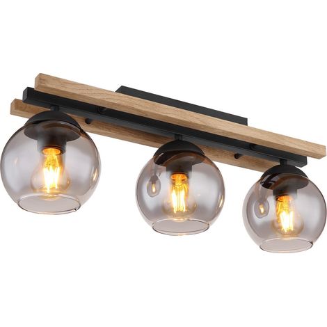 Globo Conni Plafonnier Globe en bois noir mat, abat-jour en verre fumé marron foncé, 3 ampoules E27