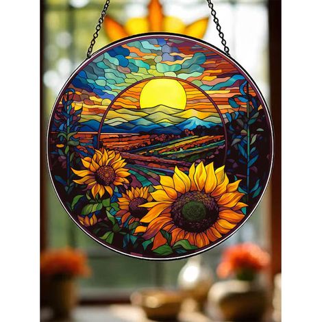 Décoration vitrail tournesol 12,5 cm, attrape-soleil intérieur