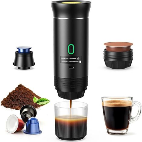 Cafetière Portable 3 en 1, Cafetiere Rechargeable Expresso Machine a Cafe compatible avec capsules Ness-preso, Dolce-Gusto et café moulu, pour Bureau, Maison, Voyage