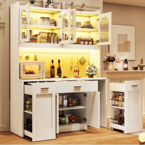 Buffet haut de cuisine 120 cm avec LED RGB, contrôle via app, vitrines en verre, blanc (1/5)