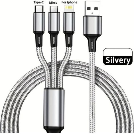 Cable de datos de nailon trenzado tres en uno, USB a USB, compatible con interfaz Android y Apple, tipo C, gris (1/4)