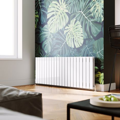 ELEGANT Horizontal Radiator Double Flat Panel 600x1596mm Designer White Radiator with Chrome Thermostatic Radiator Valves