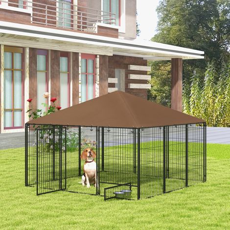 Parc pour chien en métal et tissu Oxford avec porte pour gamelle. 211 x 211 x 151 cm. Noir et marron.