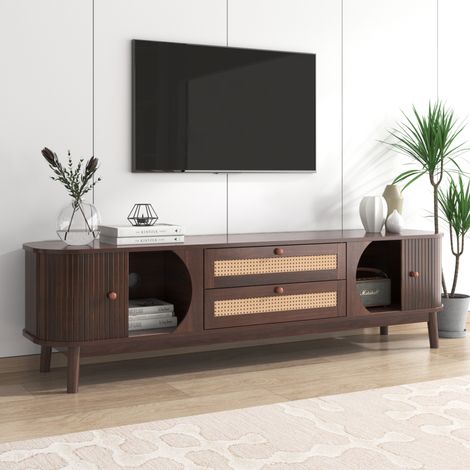 Mobile TV con ante scorrevoli, cassetti e fianchi effetto rattan, marrone (1/5)