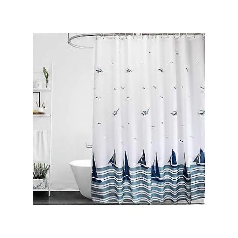 Duschvorhang 150x200 cm, beschwerter Saum, schimmelresistent, waschbar, blauer Segelboot-Badezimmervorhang mit 12 Haken