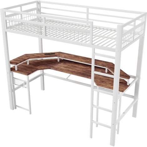 Lit mezzanine 90 x 200 cm, cadre en fer, avec bande lumineuse LED à changement de couleur, avec bureau, 1 port USB + 1 port Type-C et 2 prises, avec panneau perforé, sans matelas, blanc (1/5)