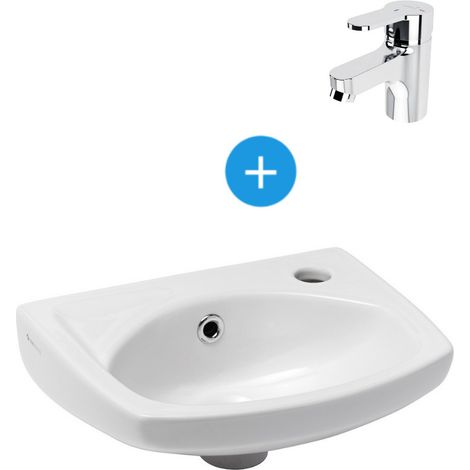 Porcher Ensemble Lave main avec trou pour robinetterie sur la droite + Mitigeur monotrou, Chrome (EUR913-SET) (1/5)