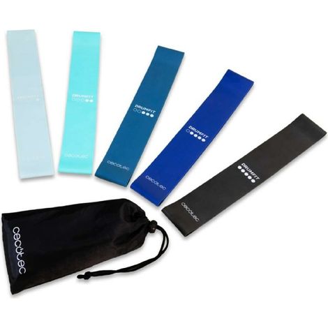 Cecotec 5 Set de Bandas Elásticas DrumFitResistanceBandSet, 5 Niveles de Resistencia de 5 a 18 kg, Látex Resistente y Duradero, Bolsa de Transporte, Todo Tipo de Entrenamiento (1/5)