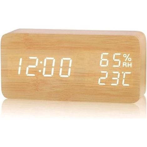 LED Réveil Électronique en Bois, Horloge Numérique avec 3 Réglages d'Alarme, Numérique Réveil Alimenté par USB Affichage de l'Heure, de la Température et de l'Humidité,12/24 Heure (1/5)