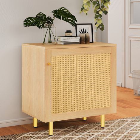 Buffet de rangement 60x40x63 cm naturel en MDF avec porte en rotin tressé (1/5)