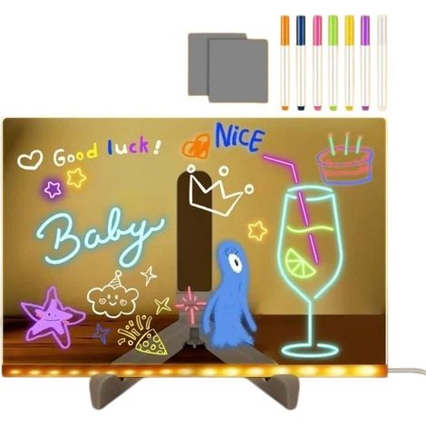 Tableau d'affichage LED en acrylique 30x20cm avec 7 stylos néon, support réglable, cadeau créatif pour les filles (1/4)