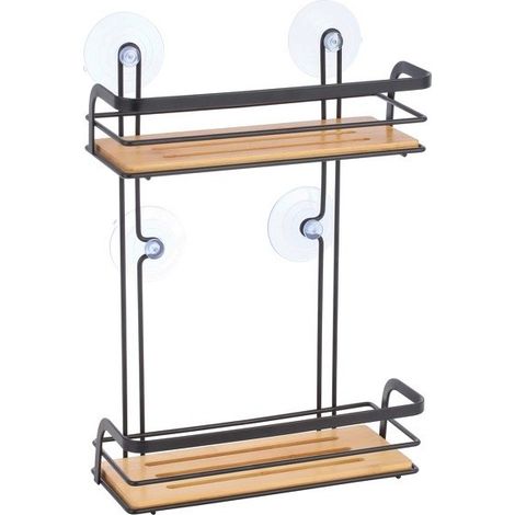 MSV – Étagère de douche 2 niveaux à ventouses – Fixation sur surfaces lisses – Bambou et acier noir – Dimensions 25,5x12x37cm