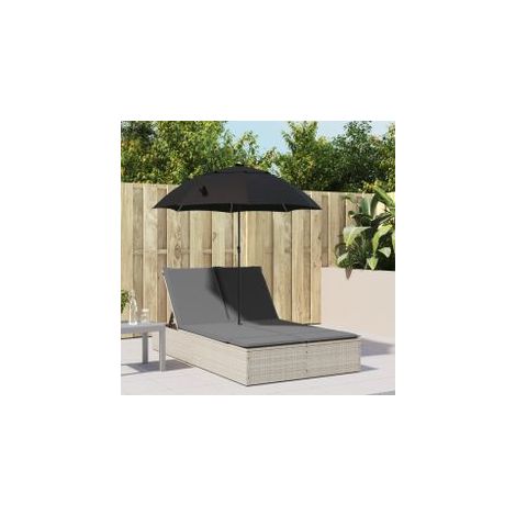 Chaise longue double avec coussins et parasol gris clair rotin (1/5)