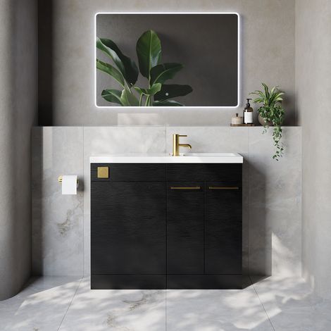 Napoli 250 Nero Oak 1000mm 2 Door Vanity Unit Toilet Suite with Square Silvo Basin - 1000mm - Brushed Brass 160mm HandleWithout Kingston Toilet Pan