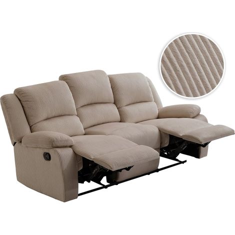 Loungitude – Canapé de relaxation manuel 3 places – Velours côtelé taupe – 2 assises inclinables – Fabrication européenne – Confort optimal (1/5)