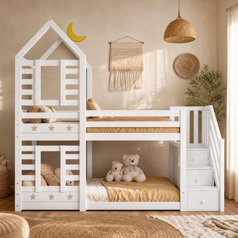 CHICFURN Letto a castello per bambini 90x200 cm in legno bianco con contenitori (1/5)