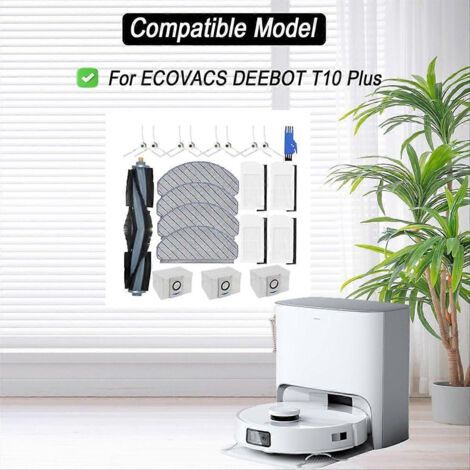 NALOOKAMIC Pour aspirateur robot ECOVACS DEEBOT T10 Plus : brosse latérale principale, filtres HEPA, lingette de nettoyage, sacs à poussière (1/4)