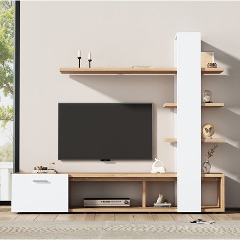 Meuble TV mural 180x33.5x151.5 cm blanc et bois en panneau de particules avec rangements ouverts et porte (1/5)