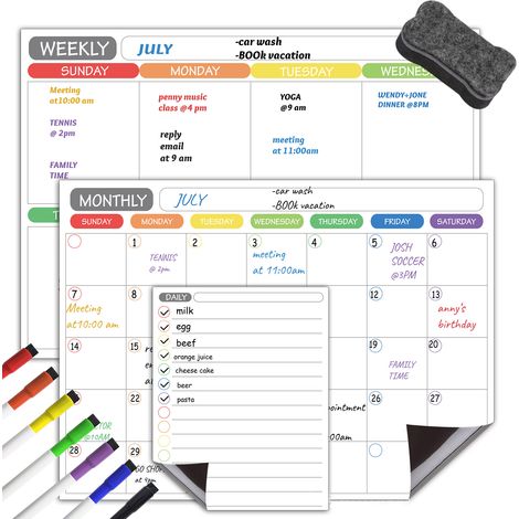 Lot de 3 tableaux blancs aimantés effaçables au feutre planning mensuel hebdomadaire quotidien avec 5 feutres et 1gomme pour frigo organisation agenda liste tâches calendrier