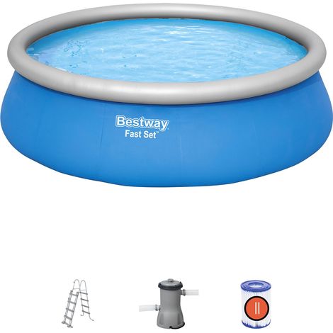 Fast Set Bestway aufblasbarer Pool 457x122 cm mit Luftreiniger, 3,028 l/h Leiter und schwimmendem aufblasbarem Kühler