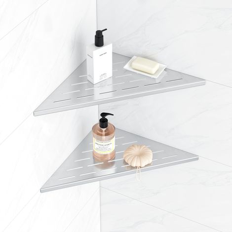 Étagère d'angle à 90° en Acier Inoxydable, Porte Savons Douche Triangulaire pour Mur Carrelé, Rangement de Salle de Bain Aucune perceuse requise, Lot de 2, 31CM, Nickel Brossé (1/5)