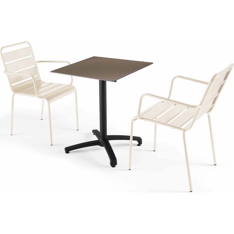Ensemble table de jardin stratifié et 2 fauteuils en métal ivoire (1/5)