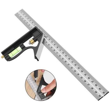 Règle d'angle de Combinaison, 300mm Equerre à Combinaison en Acier Inoxydable, Équerre Combinée avec Niveau à Bulle et Tire-Lignes Pratique, Idéal pour Mesure, Marquage, (1/5)