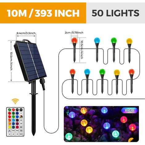 (10m 50LEDS RGB) Lampe solaire de pelouse, lumière sphérique LED multicolore, avec télécommande et minuterie, étanche. (1/5)