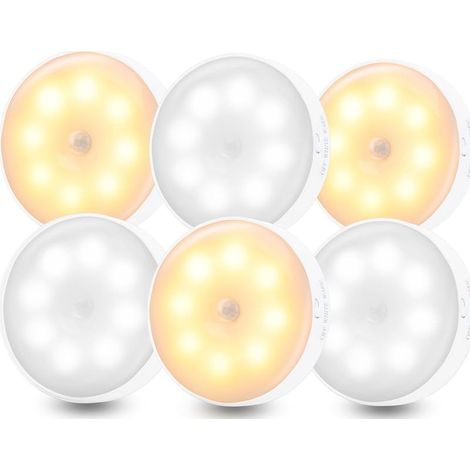 Bewegungsmelder-Leuchte – 6 wiederaufladbare LEDs – 3 Beleuchtungsmodi (Kaltweiß/Warmweiß/Zweifarbig) – Für Treppenhaus, Flur, Schlafzimmer, Kleiderschrank, Küche – 6er-Pack (1/5)