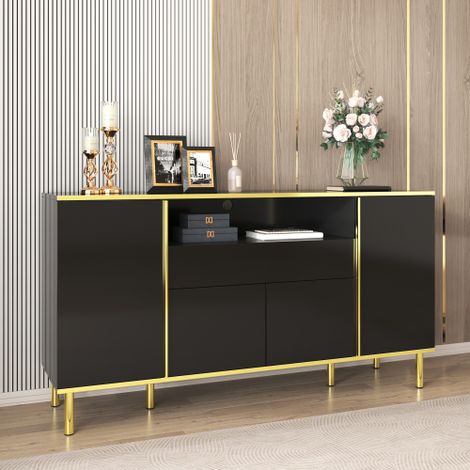 URBAN MEUBLE Buffet noir brillant avec accents dorés et éclairage LED 150x40x80cm (1/5)