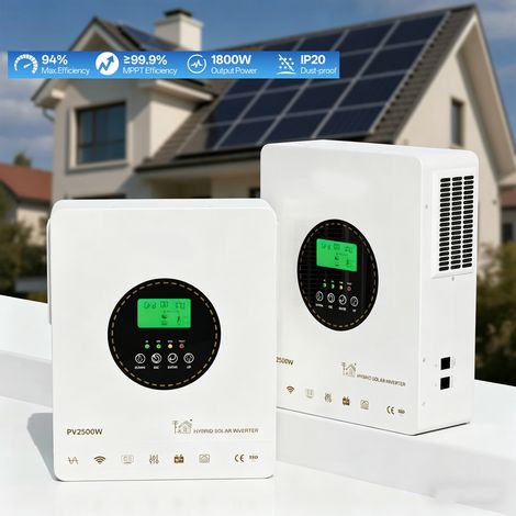 Onduleur hybride 12 V 1800 W, onduleur solaire, compatible avec un fonctionnement sans batterie, conversion 12 V CC vers 230 V CA, fonction MPPT (1/5)