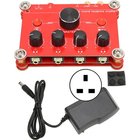 Amplificateur audio 4 canaux pour casque rouge, contrôle de volume indépendant, module d'amplification de puissance, prise UK 100-240V, opération simplifiée. (1/5)