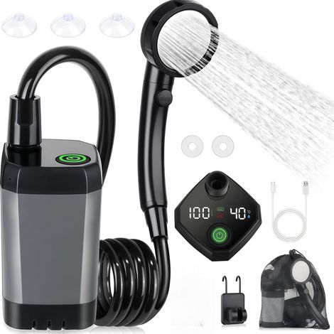 Douche Portable Électrique 6000mAh, Pomme de Douche Sans Fil Rechargeable pour Camping, Chantier, Dortoir et Usage Domestique, Couleur Grise (1/5)