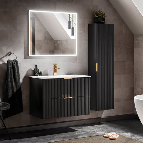 Conjunto mueble lavabo individual encastrado 80cm y columna Adriel Negro (1/5)