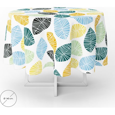 Nappe ronde en toile cirée imperméable Ø 140 cm – Motif feuilles colorées – Antitache et antidérapante – Utilisation intérieure et extérieure – Oryx (1/5)