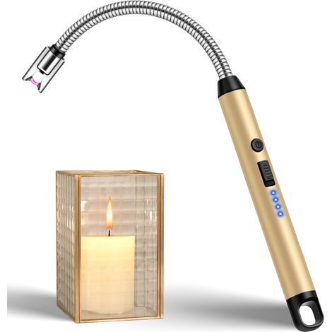 Briquet Electrique, Allume Bougie, Rechargeable USB, avec Serrure de Sécurité, Coupe-Vent pour Cuisine, Barbecue, Bougie, Cheminée (Doré) (1/5)