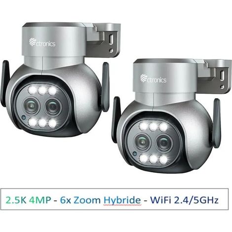 Lot de 2 Caméra Surveillance Ctronics 2.5K 4MP WiFi 2.4/ 5GHz Extérieure 2 Objectifs PTZ Caméra Zoom Hybride 6X Suivi Automatique Détection Humaine Vision Nocturne Couleur, Gris