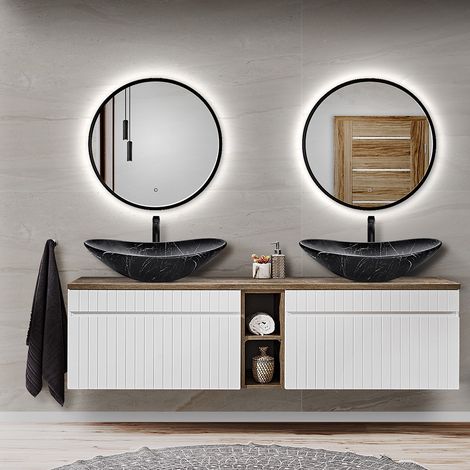 Waschplatz Set mit 2 Aufsatzwaschbecken, 2 LED Spiegel IRAKLIO-56 in weiß matt mit Vintage Eiche Nb., B/H/T: ca. 180,4/200/46 cm (1/5)