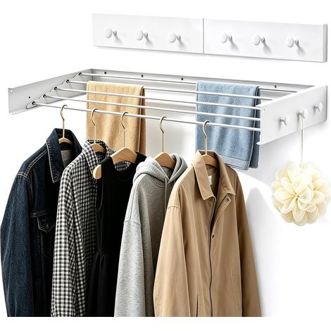Étendoir à Linge Extensible Mural de 80 cm avec 6 Crochets Étendoir à Linge en Aluminium pour Balcon Salle de Bain ou radiateur Invisible Peu encombrant supporte Jusqu’à 30 kg Blanc (1/5)
