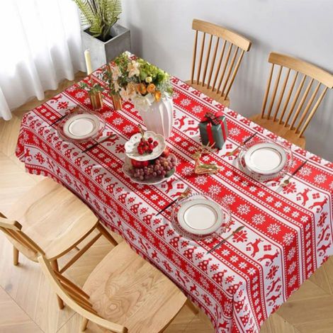 Nappe De Noel - Rectangulaire 150 X 220 Cm - Résistante Aux Taches - Pour Decoration Interieure Et Exterieure - Rouge (1/4)