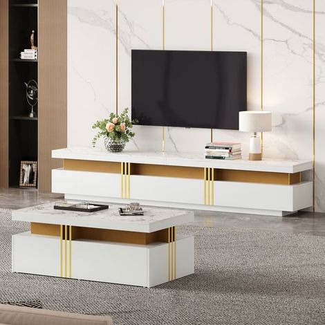 Ensemble meuble TV et table basse - SOGEU - Ensemble - Blanc laqué effet marbre - 3 tiroirs - Convient TV jusqu'à 90" (1/5)
