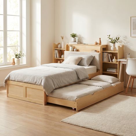 Cama nido con espacio de almacenamiento, madera de ingeniería natural, 90x200 cm, cabecero acolchado, USB y enchufe europeo.