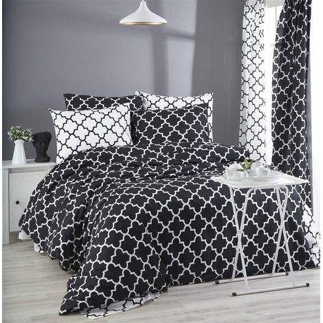 Parure de lit Simple 100% Coton, Housse de Couette de 135 x 200 cm et taie d'oreiller de 80 x 80 cm, Lavable en Machine, 140 Fils, Design Noir et Blanc
