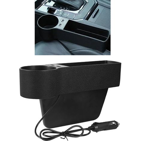 (Côté conducteur, noir) Poche de rangement latérale pour console de siège auto avec 2 ports USB et porte-gobelet (1/5)