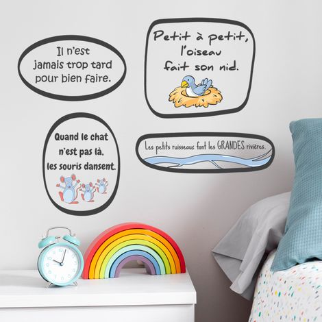 Sticker décoratif, proverbes, enfant, bulles, souris, oiseau, dessins, 68 cm X 24 cm (1/5)