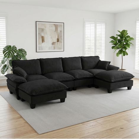 Modulares Ecksofa 6-Sitzer mit mobilen Ottomanen, Segeldesign, in Chenille schwarz (1/5)