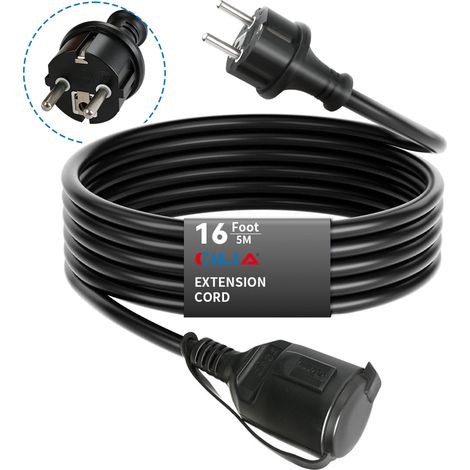 CILIA Rallonge Électrique avec Clapet 5m Câble d'Extension Noir 16A 3680W Fiche Coudée 90° Schuko Idéal Jardin, Tondeuse et Bricolage, Noir